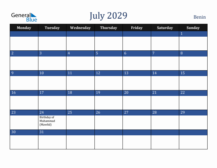 July 2029 Benin Calendar (Monday Start)