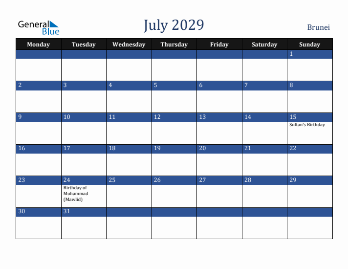 July 2029 Brunei Calendar (Monday Start)