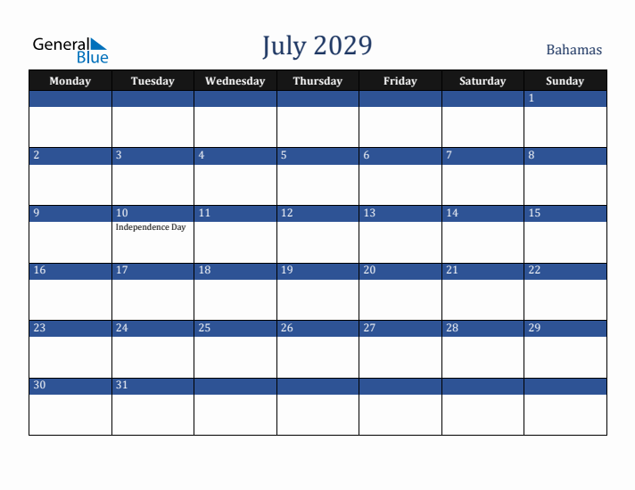 July 2029 Bahamas Calendar (Monday Start)