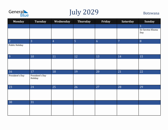 July 2029 Botswana Calendar (Monday Start)