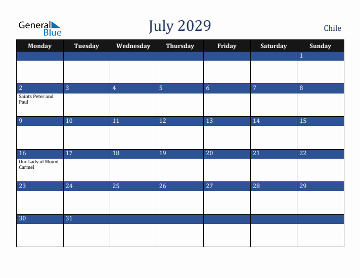 July 2029 Chile Calendar (Monday Start)