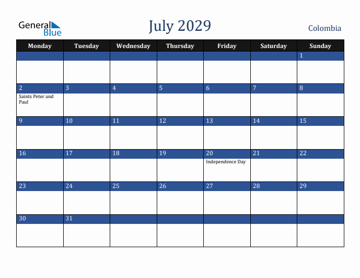 July 2029 Colombia Calendar (Monday Start)