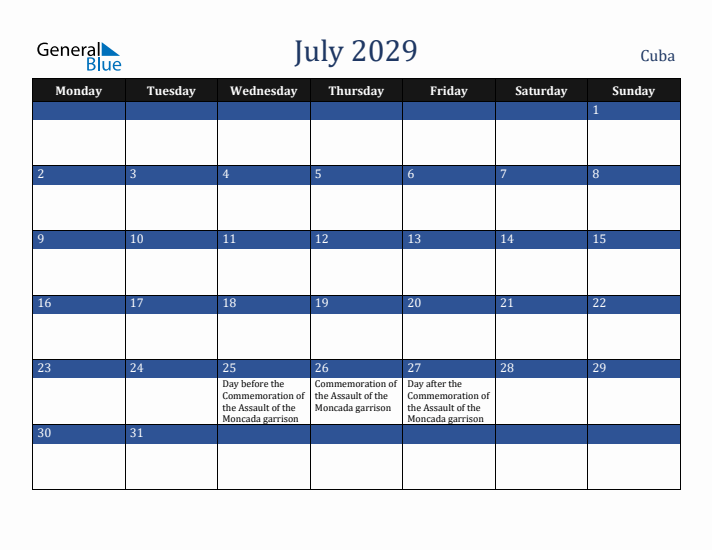 July 2029 Cuba Calendar (Monday Start)