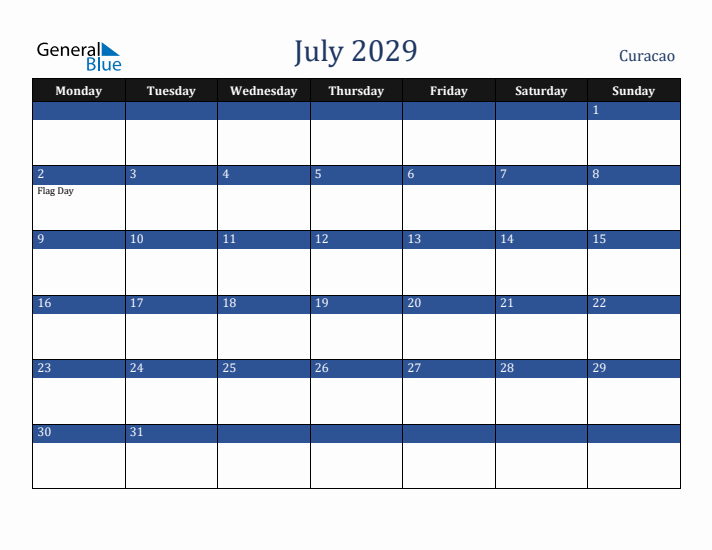 July 2029 Curacao Calendar (Monday Start)