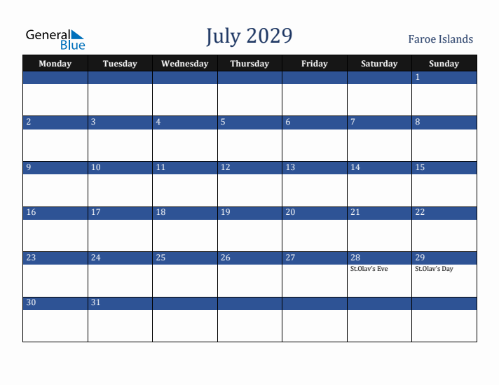 July 2029 Faroe Islands Calendar (Monday Start)