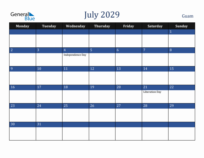 July 2029 Guam Calendar (Monday Start)