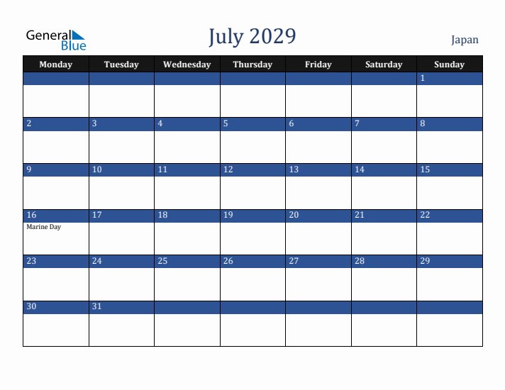 July 2029 Japan Calendar (Monday Start)