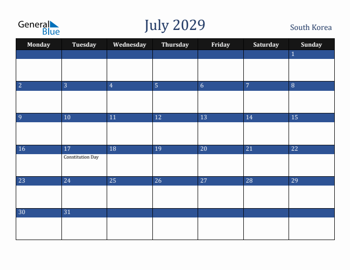 July 2029 South Korea Calendar (Monday Start)