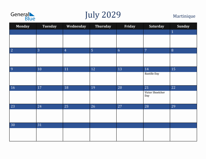 July 2029 Martinique Calendar (Monday Start)