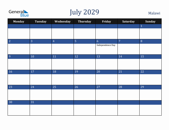 July 2029 Malawi Calendar (Monday Start)