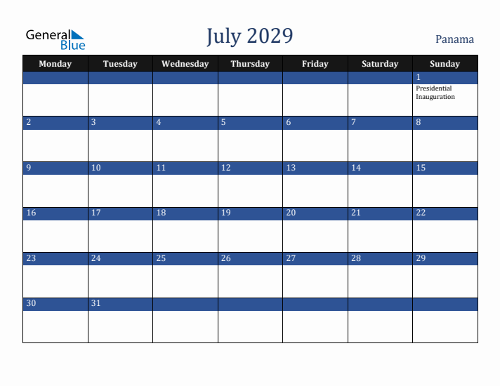 July 2029 Panama Calendar (Monday Start)