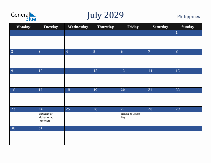 July 2029 Philippines Calendar (Monday Start)