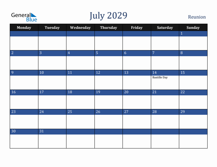 July 2029 Reunion Calendar (Monday Start)