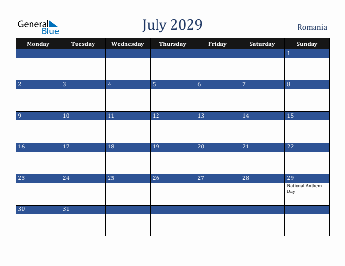 July 2029 Romania Calendar (Monday Start)