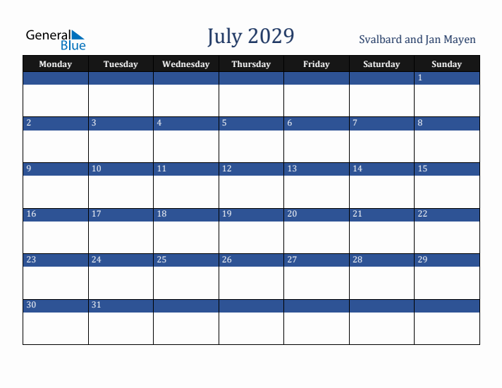 July 2029 Svalbard and Jan Mayen Calendar (Monday Start)