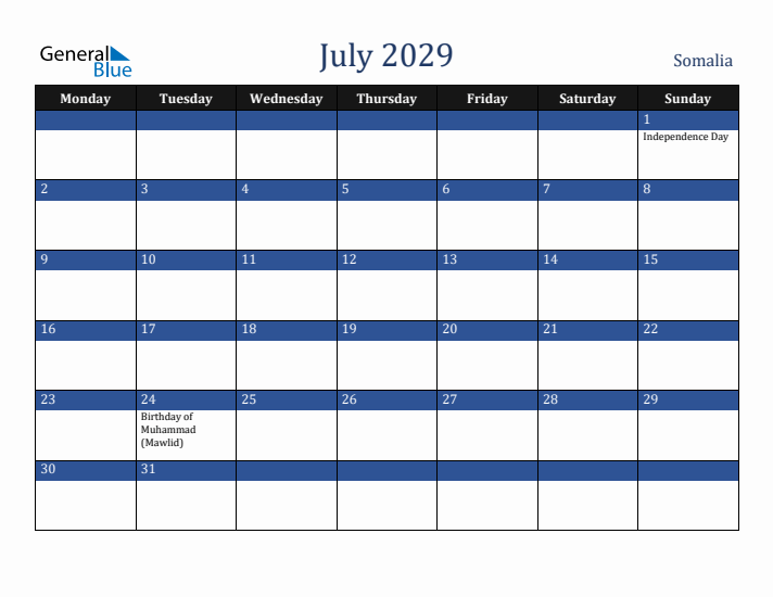 July 2029 Somalia Calendar (Monday Start)