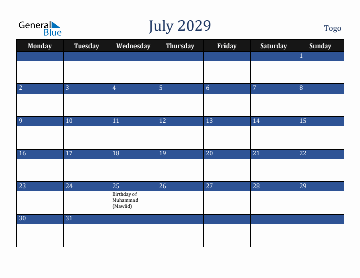 July 2029 Togo Calendar (Monday Start)