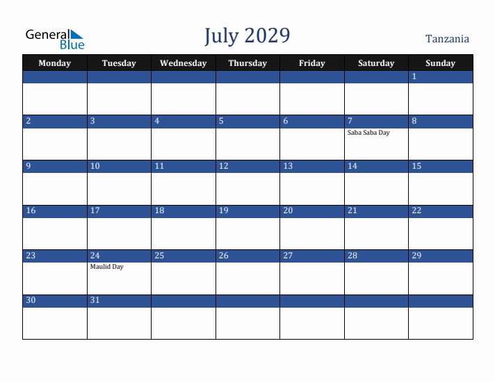 July 2029 Tanzania Calendar (Monday Start)