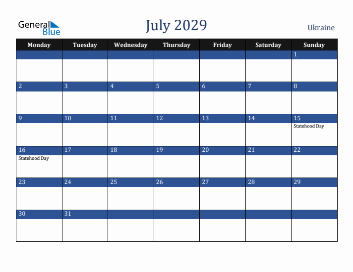 July 2029 Ukraine Calendar (Monday Start)