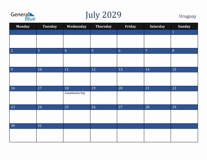 July 2029 Uruguay Calendar (Monday Start)