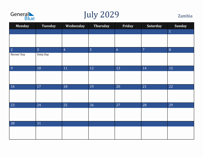 July 2029 Zambia Calendar (Monday Start)