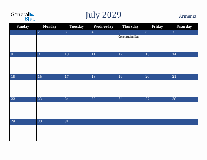 July 2029 Armenia Calendar (Sunday Start)