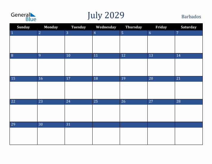July 2029 Barbados Calendar (Sunday Start)