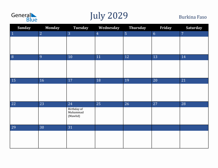 July 2029 Burkina Faso Calendar (Sunday Start)