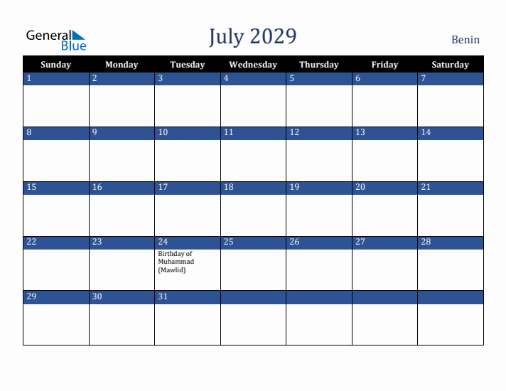 July 2029 Benin Calendar (Sunday Start)