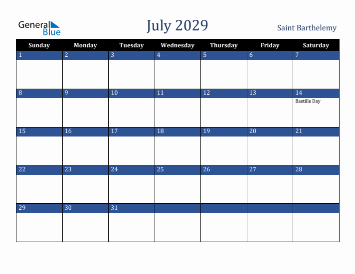 July 2029 Saint Barthelemy Calendar (Sunday Start)