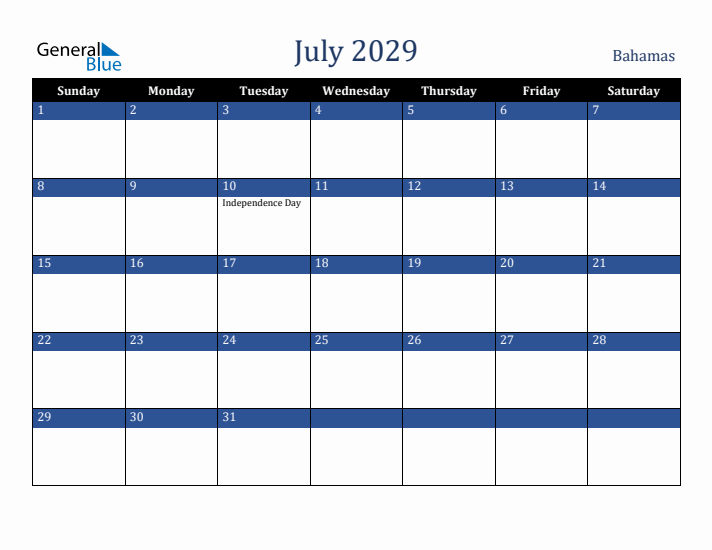 July 2029 Bahamas Calendar (Sunday Start)