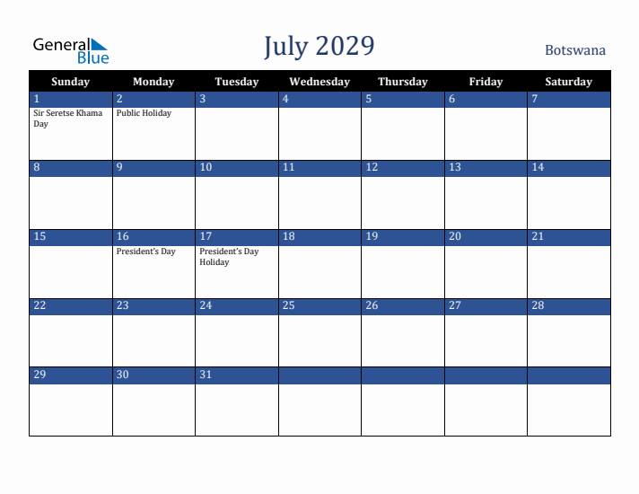 July 2029 Botswana Calendar (Sunday Start)