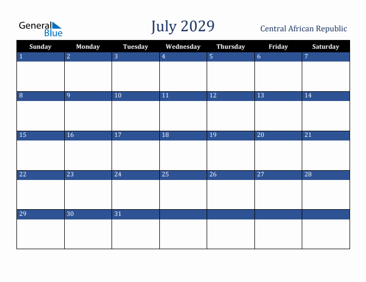 July 2029 Central African Republic Calendar (Sunday Start)