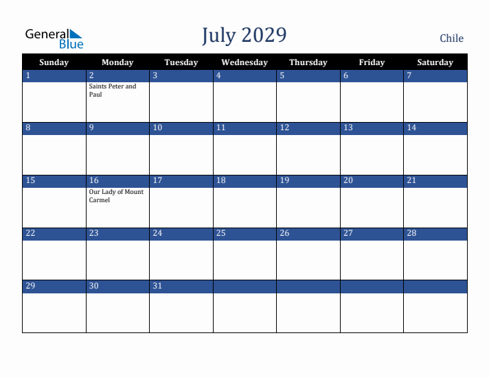 July 2029 Chile Calendar (Sunday Start)