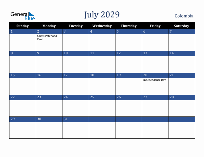 July 2029 Colombia Calendar (Sunday Start)