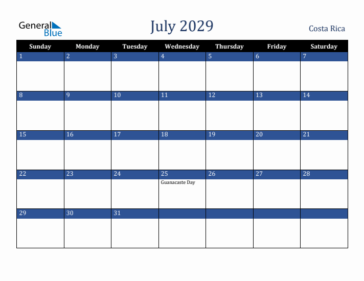 July 2029 Costa Rica Calendar (Sunday Start)