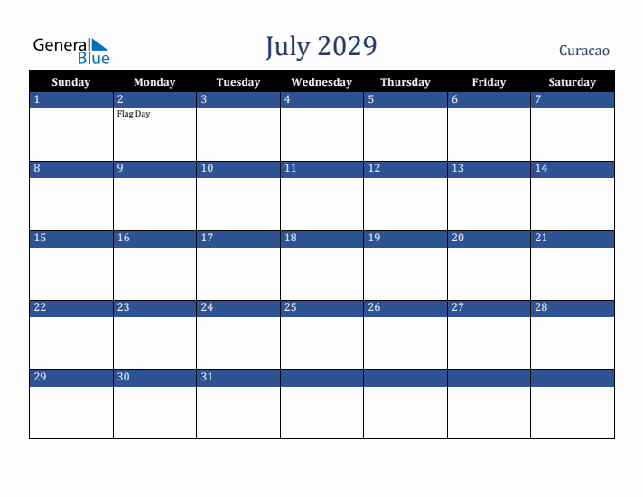 July 2029 Curacao Calendar (Sunday Start)