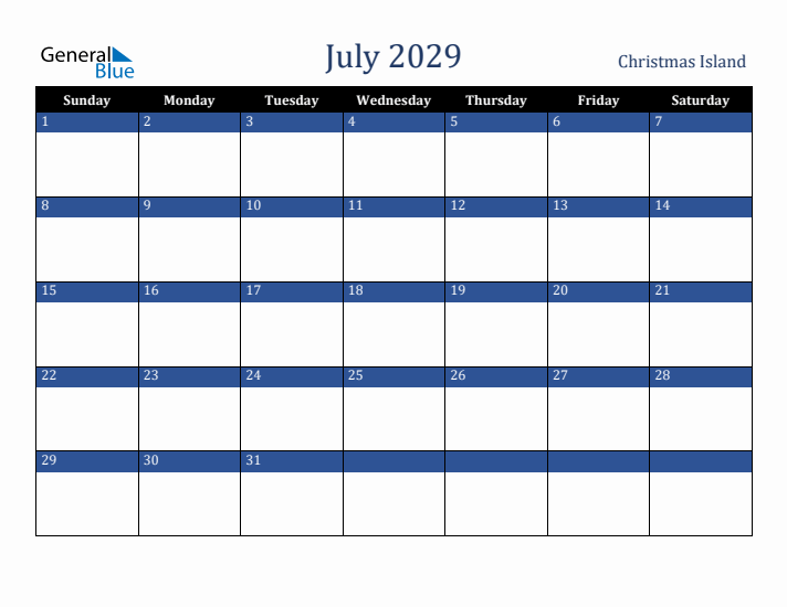 July 2029 Christmas Island Calendar (Sunday Start)
