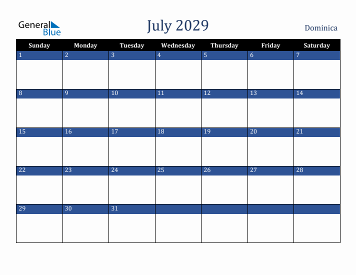 July 2029 Dominica Calendar (Sunday Start)