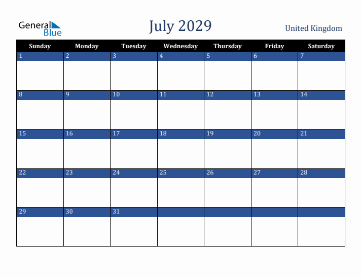July 2029 United Kingdom Calendar (Sunday Start)