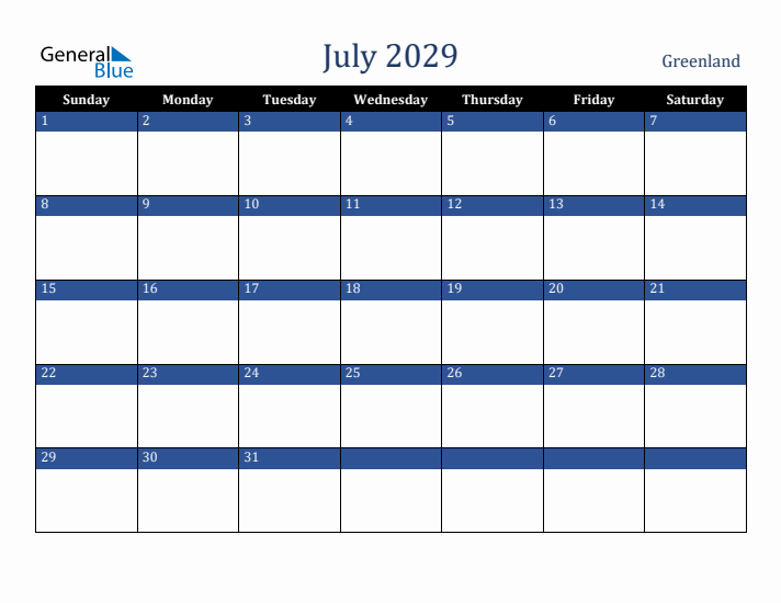 July 2029 Greenland Calendar (Sunday Start)