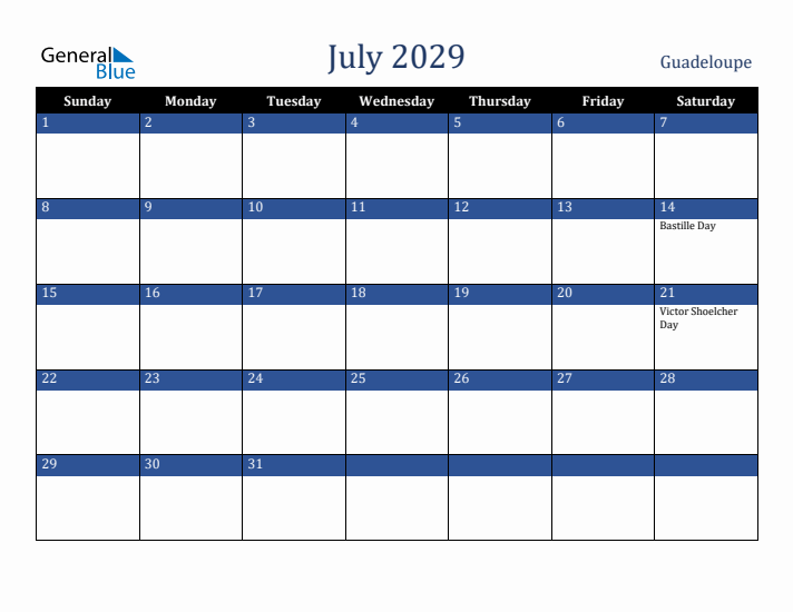 July 2029 Guadeloupe Calendar (Sunday Start)