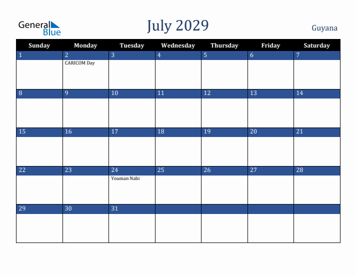 July 2029 Guyana Calendar (Sunday Start)