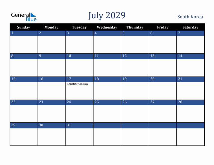 July 2029 South Korea Calendar (Sunday Start)