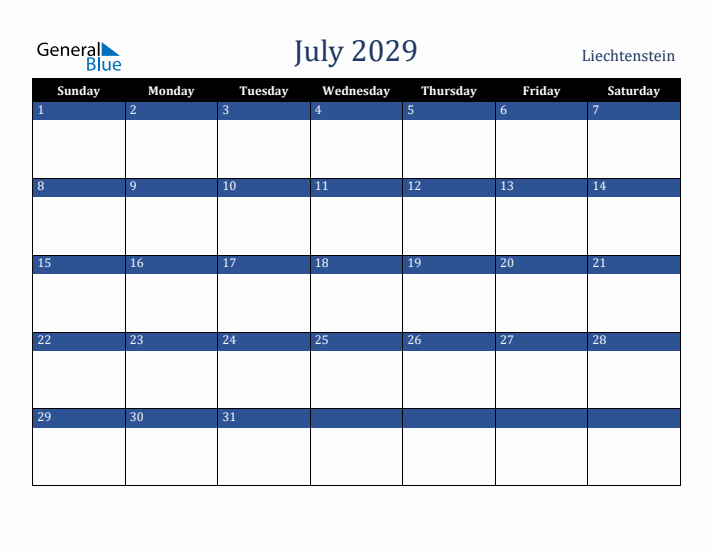 July 2029 Liechtenstein Calendar (Sunday Start)