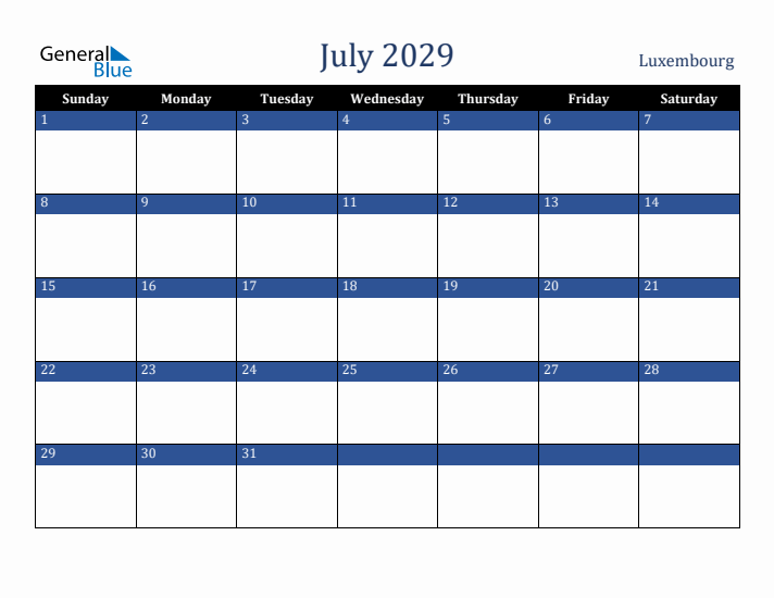 July 2029 Luxembourg Calendar (Sunday Start)