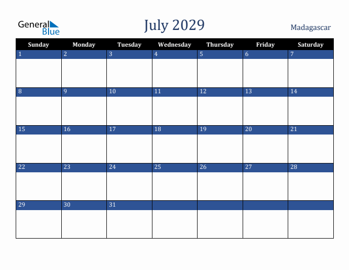 July 2029 Madagascar Calendar (Sunday Start)