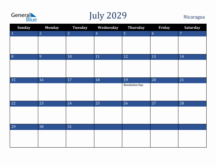 July 2029 Nicaragua Calendar (Sunday Start)