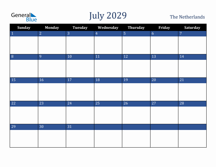 July 2029 The Netherlands Calendar (Sunday Start)