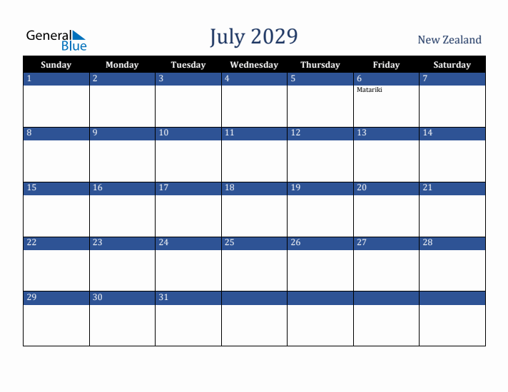 July 2029 New Zealand Calendar (Sunday Start)